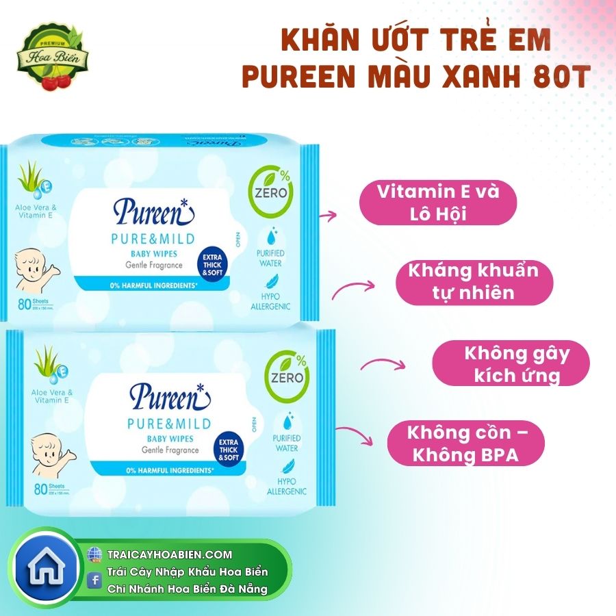 169 Khăn ướt trẻ em Pureen màu xanh 80 tờ