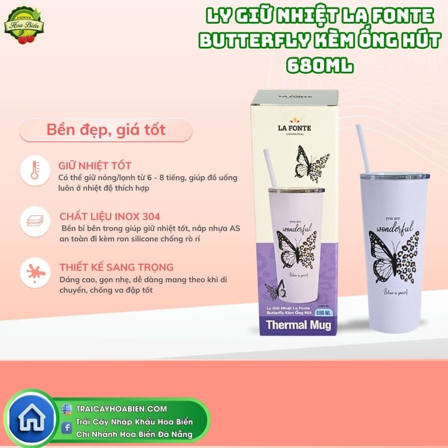7 Ly Giữ Nhiệt La Fonte Butterfly Kèm Ống Hút 680ml