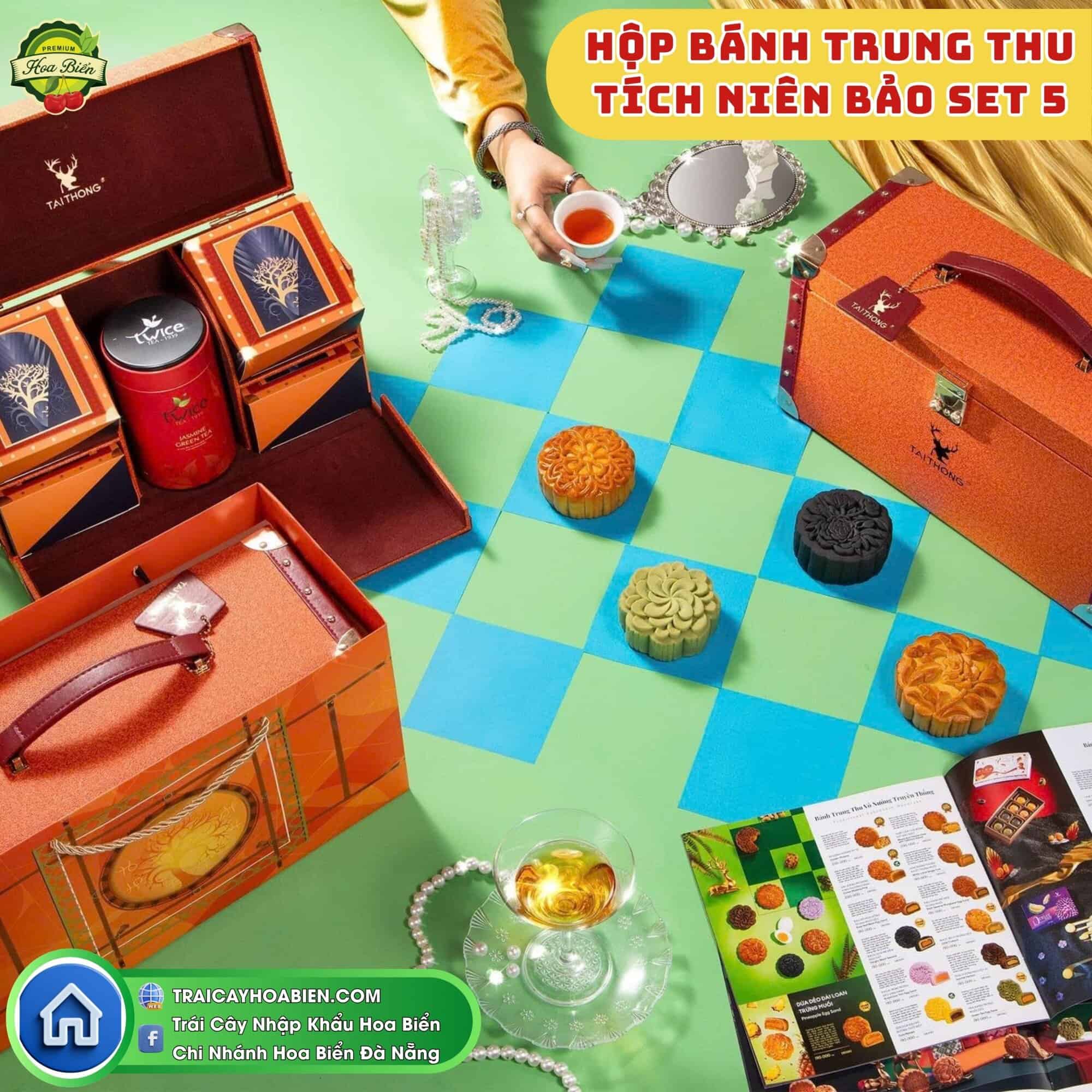 Bánh trung thu Tai Thong nhập khẩu Malaysia cao cấp Hộp bánh trung thu Tích Niên Bảo Cam Thái Dương Set 5 sang trọng