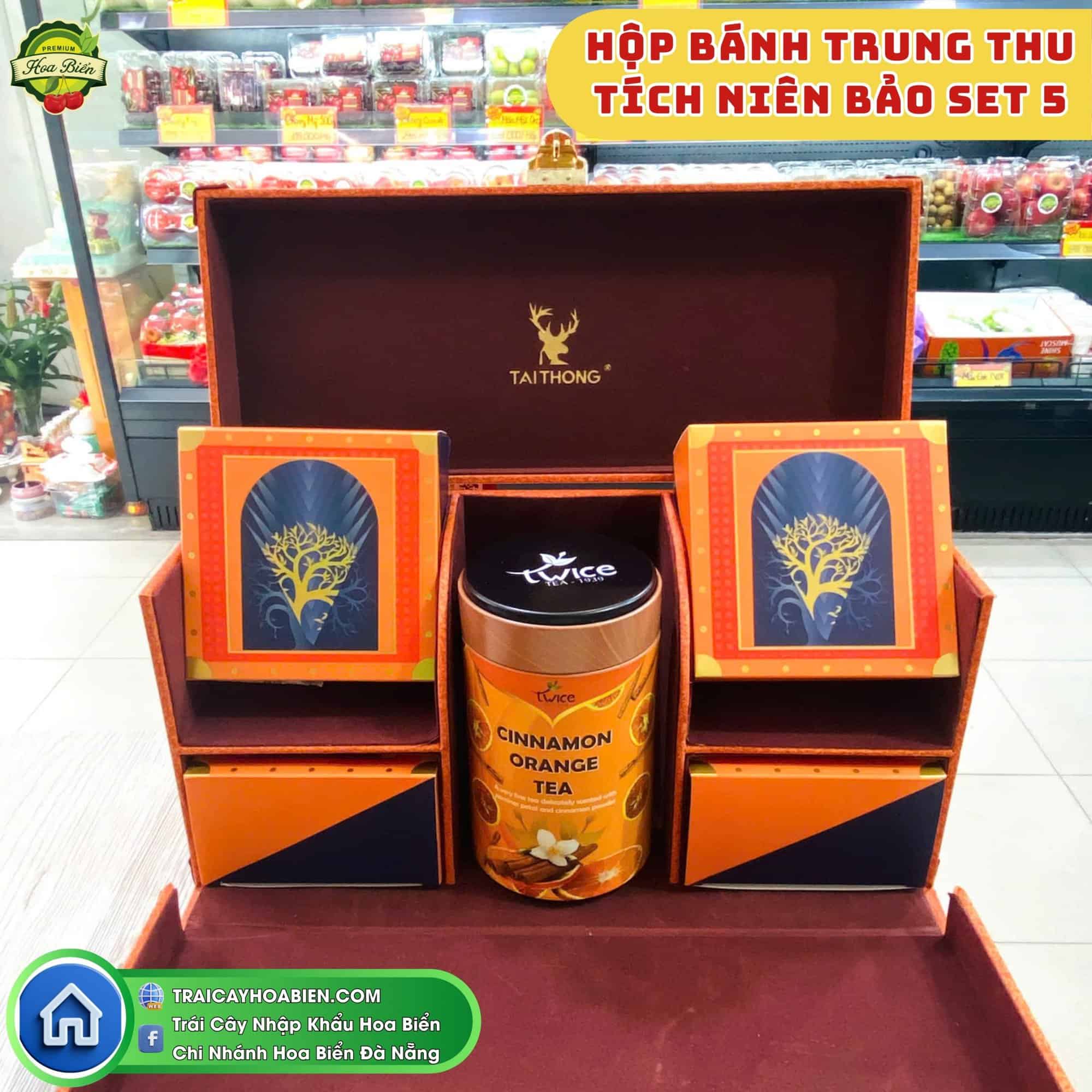 Hộp bánh trung thu Tích Niên Bảo Cam Thái Dương Set 5 sang trọng Hộp bánh trung thu Tích Niên Bảo Cam Thái Dương Set 5 sang trọng